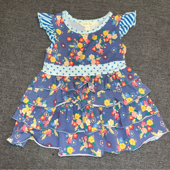 Matilda Jane Other - Matilda Jane blue floral ruffle dress with striped ruffle sleeves, size 2